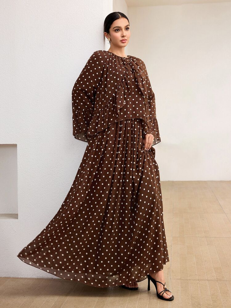 Graceveil Set Blus dan Rok Chiffon Polkadot Elegan untuk Wanita - Coklat - View 6