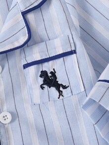 SHEIN Summer Fall Autumn/Winter Newborn Baby Boy Home Wear Cute Blue White Stripe Pocket Knight Embroidery Dark Family Matching Playful - Blue - View 8