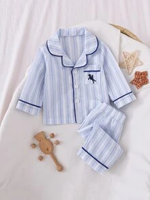 SHEIN Summer Fall Autumn/Winter Newborn Baby Boy Home Wear Cute Blue White Stripe Pocket Knight Embroidery Dark Family Matching Playful - Blue - View 4