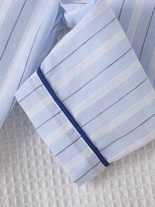 SHEIN Summer Fall Autumn/Winter Newborn Baby Boy Home Wear Cute Blue White Stripe Pocket Knight Embroidery Dark Family Matching Playful - Blue - View 7
