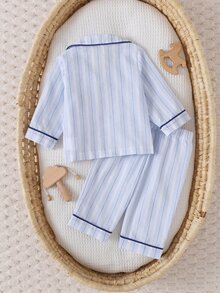 SHEIN Summer Fall Autumn/Winter Newborn Baby Boy Home Wear Cute Blue White Stripe Pocket Knight Embroidery Dark Family Matching Playful - Blue - View 3