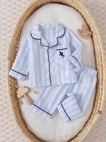 SHEIN Summer Fall Autumn/Winter Newborn Baby Boy Home Wear Cute Blue White Stripe Pocket Knight Embroidery Dark Family Matching Playful - Blue - View 5