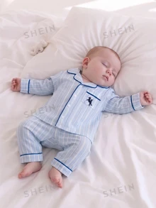 SHEIN Summer Fall Autumn/Winter Newborn Baby Boy Home Wear Cute Blue White Stripe Pocket Knight Embroidery Dark Family Matching Playful - Blue - View 2