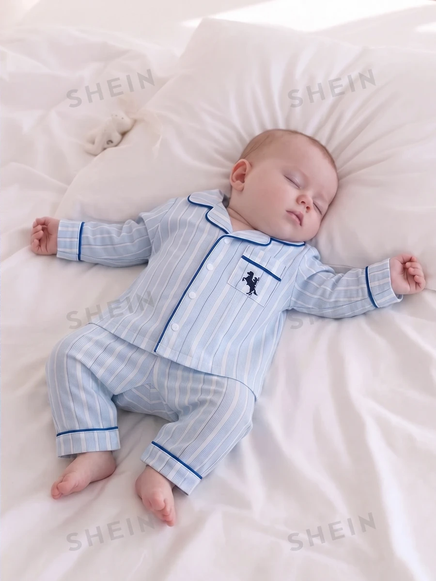 SHEIN Summer Fall Autumn/Winter Newborn Baby Boy Home Wear Cute Blue White Stripe Pocket Knight Embroidery Dark Family Matching Playful
