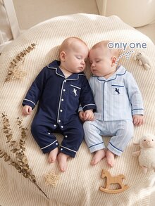 SHEIN Summer Fall Autumn/Winter Newborn Baby Boy Home Wear Cute Blue White Stripe Pocket Knight Embroidery Dark Family Matching Playful - Blue - View 9
