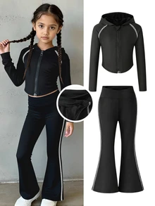 女童運動服套裝，對比色滾邊線條，圓弧下擺拉鍊連帽落肩袖設計，喇叭長褲，適合戶外活動，修身版型，適用於跑步、健身和瑜伽，女童運動服 - 黑色 - 查看 3