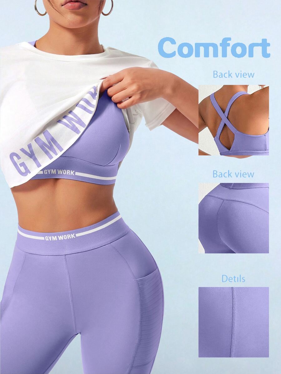 Sovereign Charm 女士 3 件套运动套装字母印花交叉后背吊带上衣和短袖上衣和高腰紧身裤适合健身锻炼女士套装