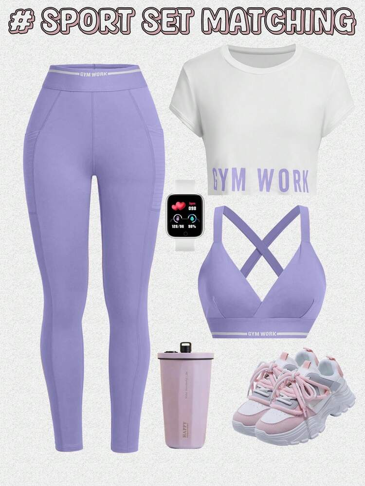 Sovereign Charm Women 3pcs Athletic Set Letter Print Cross Back Cami Top And Short Sleeve Top And High Waist Tights For Fitness Workout Women Sets - Multicolor - View 4