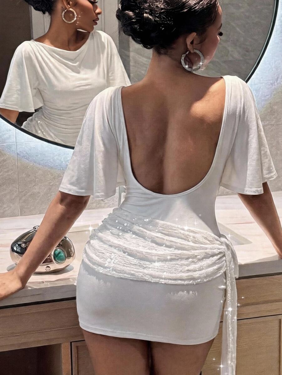 Slaydiva Elegant Sexy White Plus Size Mini Dress For Party And Date, Backless Fitted Ruffle Ruched Sequin Patchwork Dress