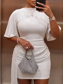 Slaydiva Elegant Sexy White Plus Size Mini Dress For Party And Date, Backless Fitted Ruffle Ruched Sequin Patchwork Dress - White - View 7