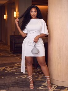 Slaydiva Elegant Sexy White Plus Size Mini Dress For Party And Date, Backless Fitted Ruffle Ruched Sequin Patchwork Dress - White - View 9