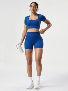 SHEIN Sovereign Charm 2 件套海军蓝吸湿排汗面料无缝罗纹圆领基本款运动服套装，适合健身和瑜伽锻炼女士套装 - 寶藍色 - 查看 3