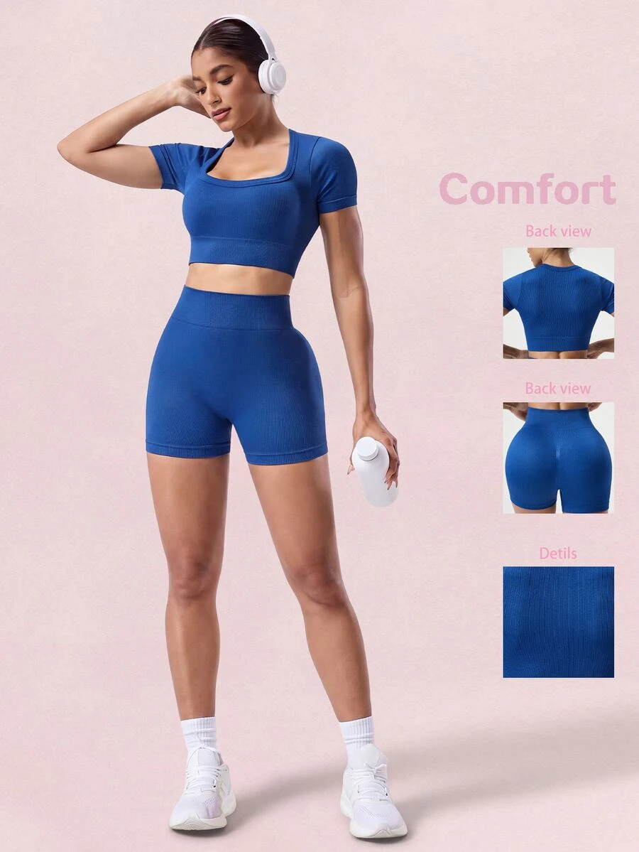 SHEIN Sovereign Charm 2 件套海军蓝吸湿排汗面料无缝罗纹圆领基本款运动服套装，适合健身和瑜伽锻炼女士套装