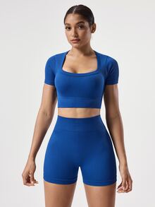 SHEIN Sovereign Charm 2 件套海军蓝吸湿排汗面料无缝罗纹圆领基本款运动服套装，适合健身和瑜伽锻炼女士套装 - 寶藍色 - 查看 6