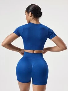SHEIN Sovereign Charm 2 件套海军蓝吸湿排汗面料无缝罗纹圆领基本款运动服套装，适合健身和瑜伽锻炼女士套装 - 寶藍色 - 查看 4