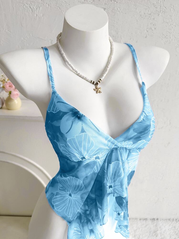 Sweetina Women's Pink Floral Print Ruffle Hem V-Neck Casual Camisole Top Blue - Baby Blue - View 4