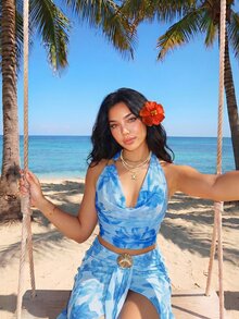 Sweetina 度假性感花卉印花不对称金属装饰女士背心 - 藍色 - 查看 4