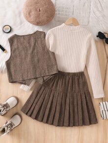 SHEIN 3件組女童秋冬休閒套裝：無袖鈕扣背心、高領寬螺紋長袖T恤、百褶裙，日常休閒出遊派對穿搭 - 棕色 - 查看 2