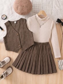 SHEIN 3件組女童秋冬休閒套裝：無袖鈕扣背心、高領寬螺紋長袖T恤、百褶裙，日常休閒出遊派對穿搭 - 棕色 - 查看 3