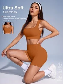 SHEIN Sovereign Charm 女款素色羅紋運動背心與短褲套裝 - 薑色 - 查看 2