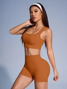 SHEIN Sovereign Charm 女款素色羅紋運動背心與短褲套裝 - 薑色 - 查看 5