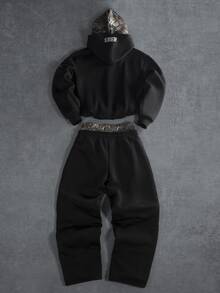 PAVTROS Men's Zipper Pocket Hooded Sweatshirt And Letter Print Pants Set - Black - View 2