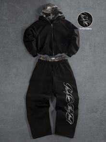 PAVTROS Men's Zipper Pocket Hooded Sweatshirt And Letter Print Pants Set - Black - View 1