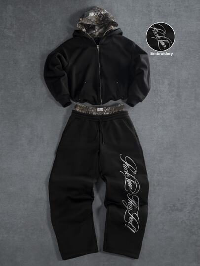 PAVTROS Men's Zipper Pocket Hooded Sweatshirt And Letter Print Pants Set