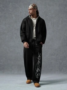 PAVTROS Men's Zipper Pocket Hooded Sweatshirt And Letter Print Pants Set - Black - View 7