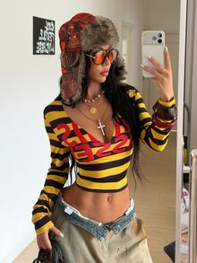 StreetHx Streetwear Women's Autumn Letter Print V-Neck Long Sleeve T-Shirt - Yellow - View 3
