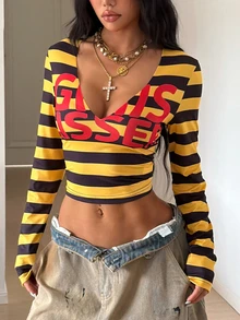 StreetHx Streetwear Women's Autumn Letter Print V-Neck Long Sleeve T-Shirt - Yellow - View 4