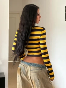 StreetHx Streetwear Women's Autumn Letter Print V-Neck Long Sleeve T-Shirt - Yellow - View 2