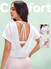 SHEIN Sovereign Charm 女士纯色简约日常短袖柔软运动T恤 - 白色 - 查看 1