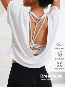 SHEIN Sovereign Charm 女士纯色简约日常短袖柔软运动T恤 - 白色 - 查看 7