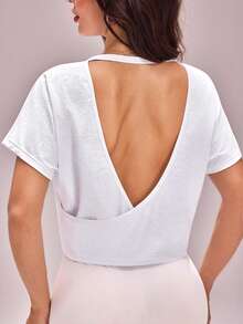 SHEIN Sovereign Charm 女士纯色简约日常短袖柔软运动T恤 - 白色 - 查看 3