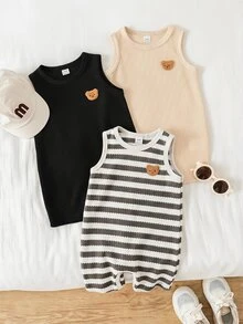 SHEIN 3件套男女宝宝休闲可爱华夫格无袖连体衣和短裤套装，婴儿套装，婴儿连体衣 - 彩色 - 查看 7