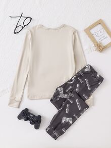 Boys' Simple Cool Khaki & Black Game Console Letter Print High Elastic Ribbed Fabric Crew Neck Long Sleeve Top & Long Pants Casual Comfortable Snug Fit Loungewear 2-Piece Set - Khaki - View 2