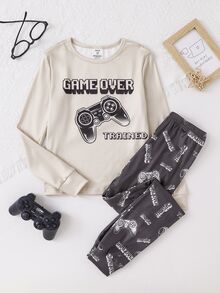 Boys' Simple Cool Khaki & Black Game Console Letter Print High Elastic Ribbed Fabric Crew Neck Long Sleeve Top & Long Pants Casual Comfortable Snug Fit Loungewear 2-Piece Set - Khaki - View 3