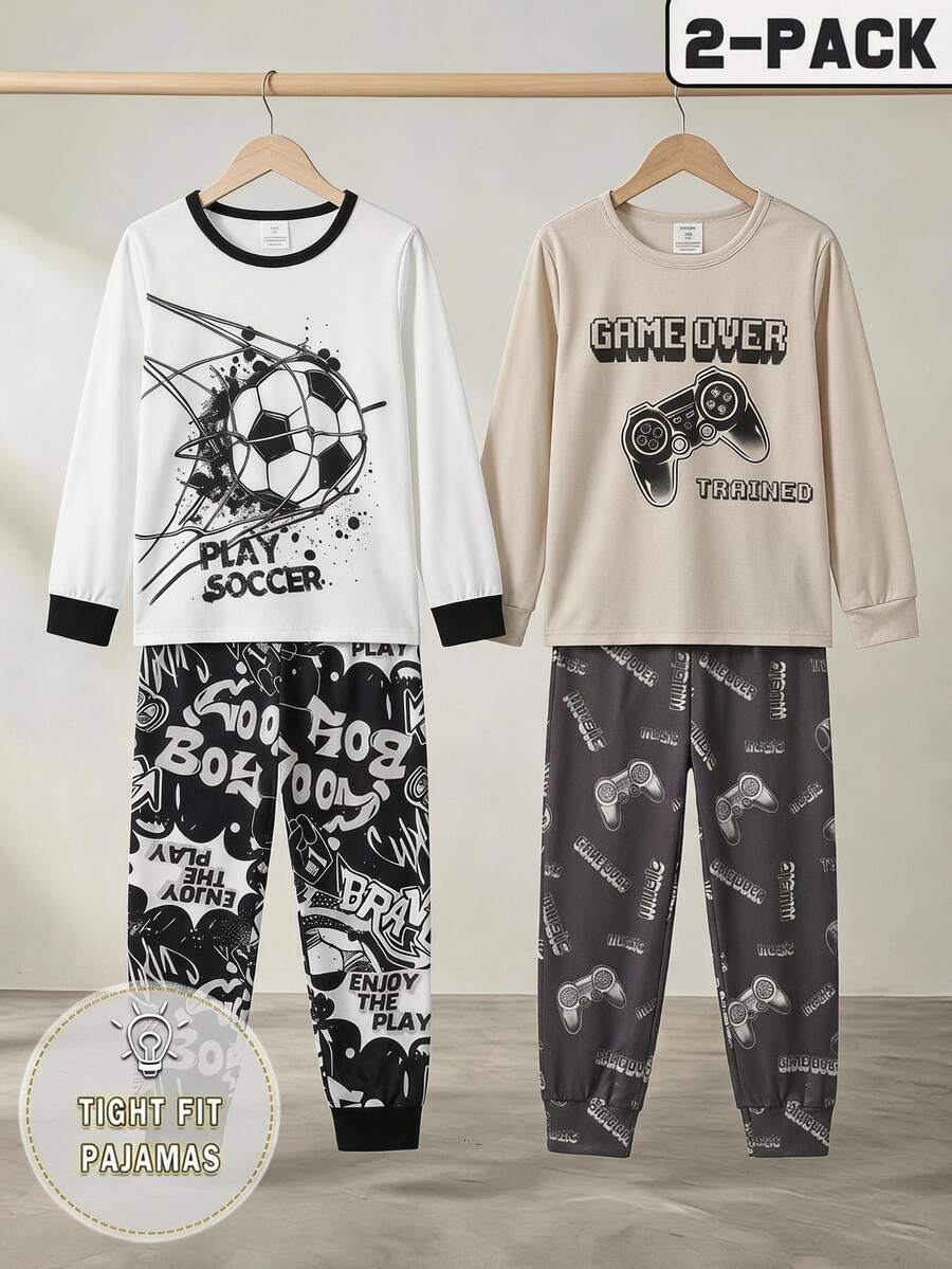 Boys' Simple Cool Khaki & Black Game Console Letter Print High Elastic Ribbed Fabric Crew Neck Long Sleeve Top & Long Pants Casual Comfortable Snug Fit Loungewear 2-Piece Set - Khaki - View 1