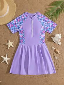 Tween Girl Fish Scale Pattern Print Short Sleeve Ruffle One-Piece Swimsuit - Multicolor - View 2