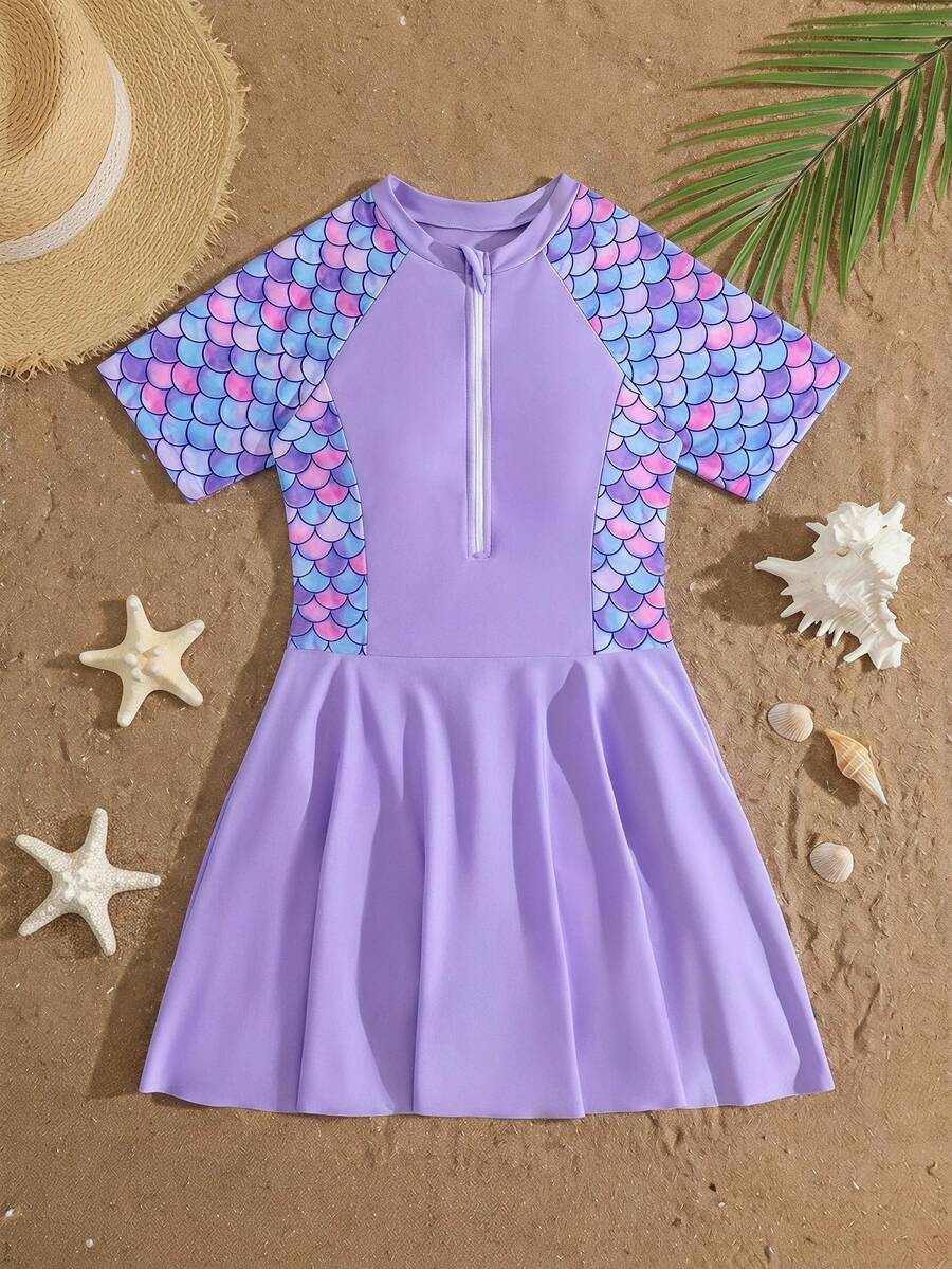 Tween Girl Fish Scale Pattern Print Short Sleeve Ruffle One-Piece Swimsuit
