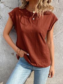 SHEIN LUNE تي شيرت كاجوال للنساء بياقة دائرية وأكمام قصيرة - احمر خشبي - مشاهدة 4