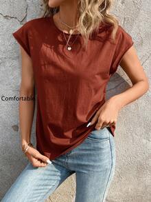 SHEIN LUNE تي شيرت كاجوال للنساء بياقة دائرية وأكمام قصيرة - احمر خشبي - مشاهدة 1