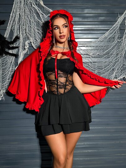 Fantasy Costume Fantasy Costume 2pcs Little Red Riding Hood Cosplay Party Halloween Lace Patchwork Hooded Charming Personalized Women Costume