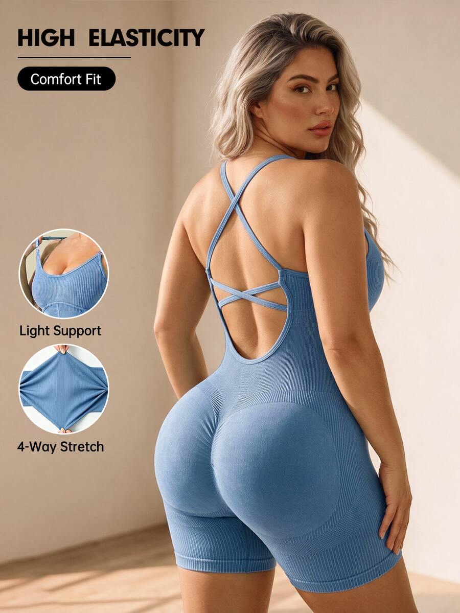 SHEIN Rhythm Era Women Plus Size Backless Halter Neck Sports Romper Pilates Gym Dusty Blue Summer - Baby Blue - View 1