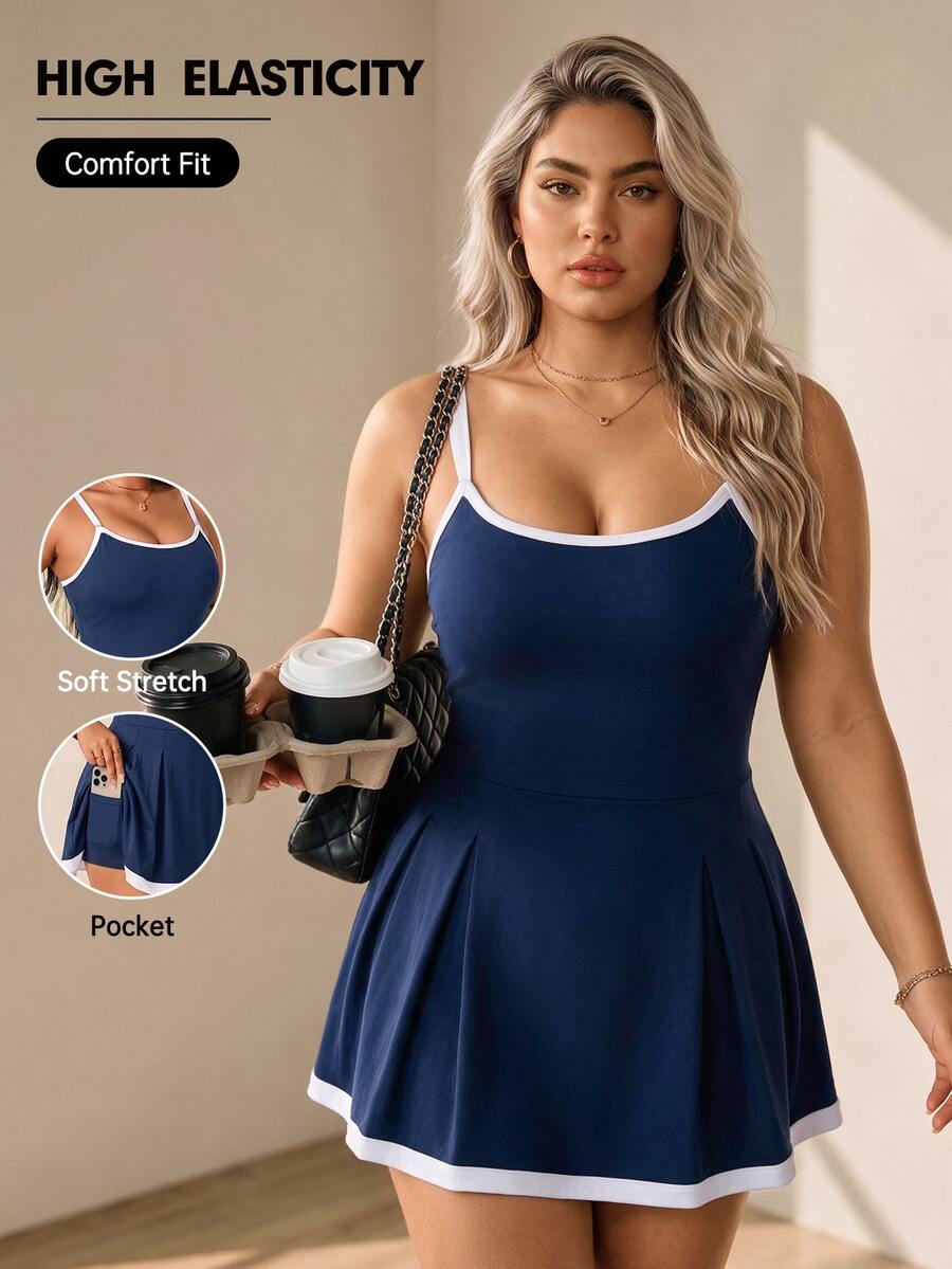 SHEIN Rhythm Era Spring/Summer Women's Sports Dress, Tennis, Navy Blue Colorblock, Thin Adjustable Straps, Hemline, Built-In Shorts Pockets Pickleball - Multicolor - View 1