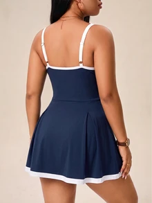 SHEIN Rhythm Era Spring/Summer Women's Sports Dress, Tennis, Navy Blue Colorblock, Thin Adjustable Straps, Hemline, Built-In Shorts Pockets Pickleball - Multicolor - View 7