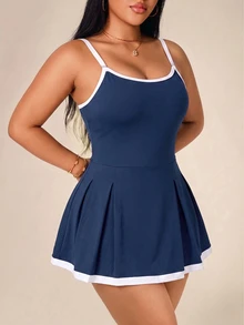 SHEIN Rhythm Era Spring/Summer Women's Sports Dress, Tennis, Navy Blue Colorblock, Thin Adjustable Straps, Hemline, Built-In Shorts Pockets Pickleball - Multicolor - View 5