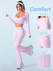 SHEIN Sovereign Charm Women Minimalist Solid Color Cropped Top And Flared Pants Sports Suit - Pink - View 1