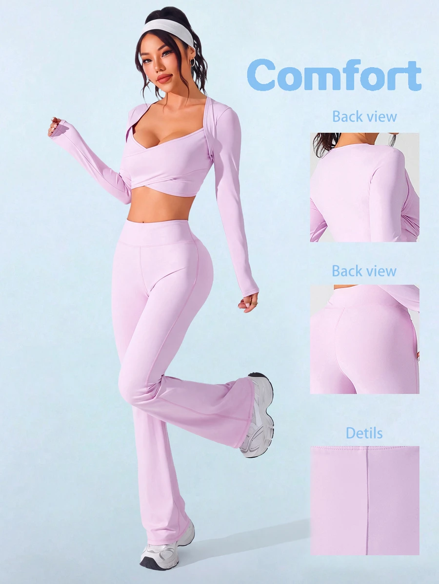 SHEIN Sovereign Charm Women Minimalist Solid Color Cropped Top And Flared Pants Sports Suit - Pink - View 1